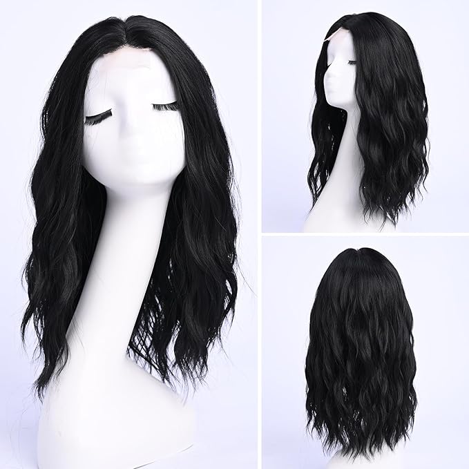 Medium Length Black Wavy Wigs for Women 18 Inch Middle Part Wavy 1B Wig Natural Looking Synthetic Heat Resistant Fiber Wig for Daily Party Halloween (18 inch)