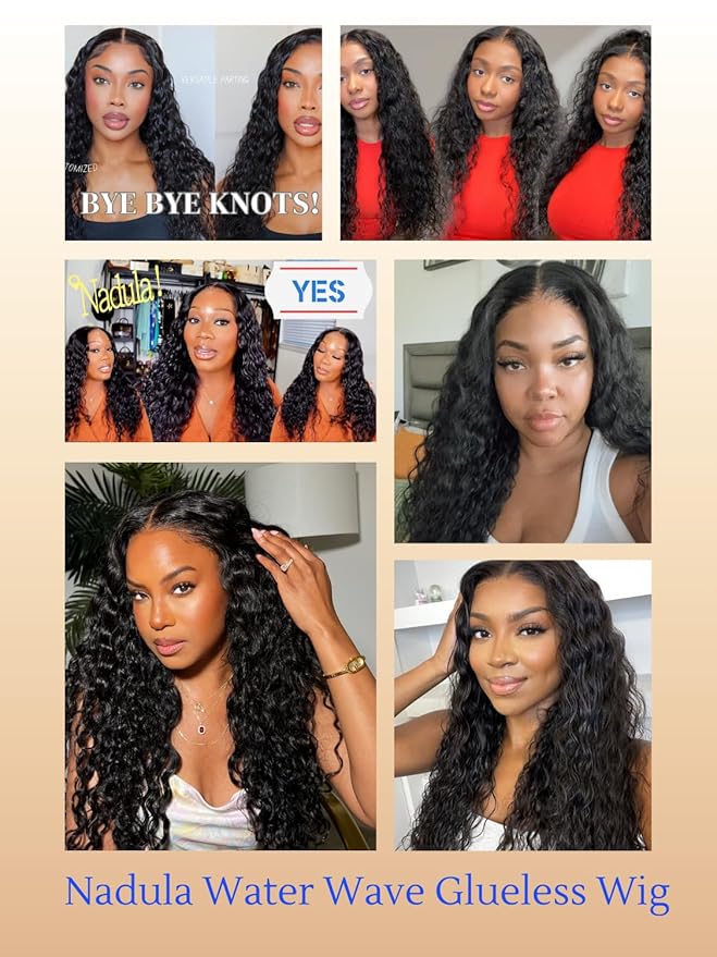 Nadula Pre Everything Glueless Water Wave 13x4 Hd Lace Front Wigs Human Hair with Invisible Drawstring Wet and Wavy Bye Bye Knots Glueless Wig Pre Plucked Pre Cut Lace Ready to Wear Front Wig 16inch