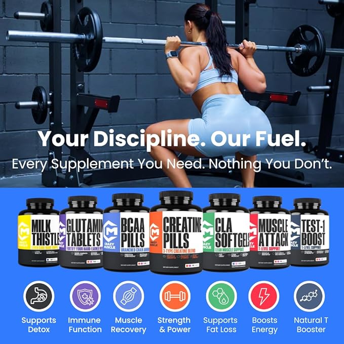 Crazy Muscle Creatine Pills 5g 3X Pure Creatine Monohydrate Pre Workout Muscle Mass Gainer High Absorption ThreeAtine Performance Men Women Tablets - 30 servings