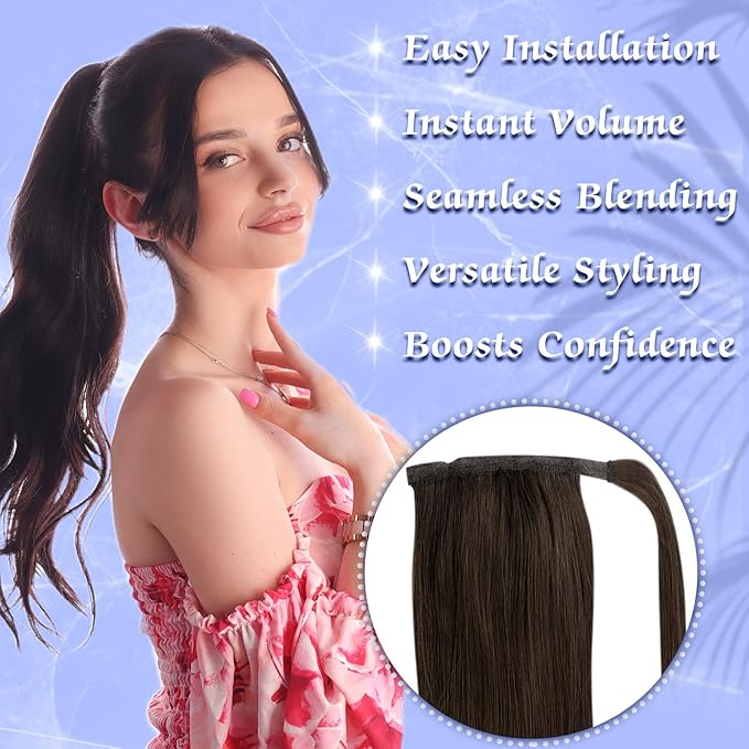 Full Shine Ponytail Extension Human Hair Dark Brown Ombre Honey Blonde Ponytail Clip in Hair Extensions Long Straight Pony Tail Hair Pieces For Women 20Inch 80g