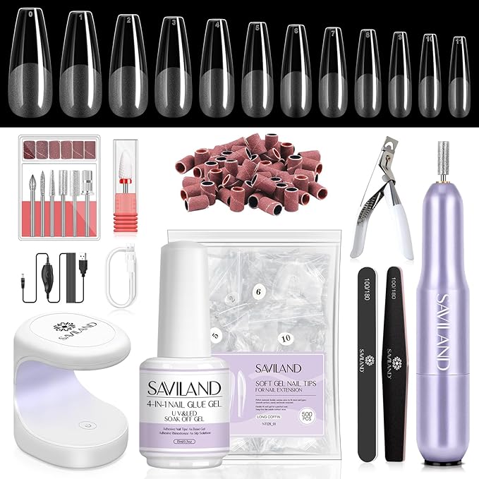 SAVILAND Gel Nail Kit with Drill: ALL-IN-1 Beginner Nail Kit 0.5Oz U V Nail Glue Gels Gel Nail X Kit with Lamp 500 Pcs Long Coffin Tips Nails Builder Kits Salon At Home Manicure Gift for Women