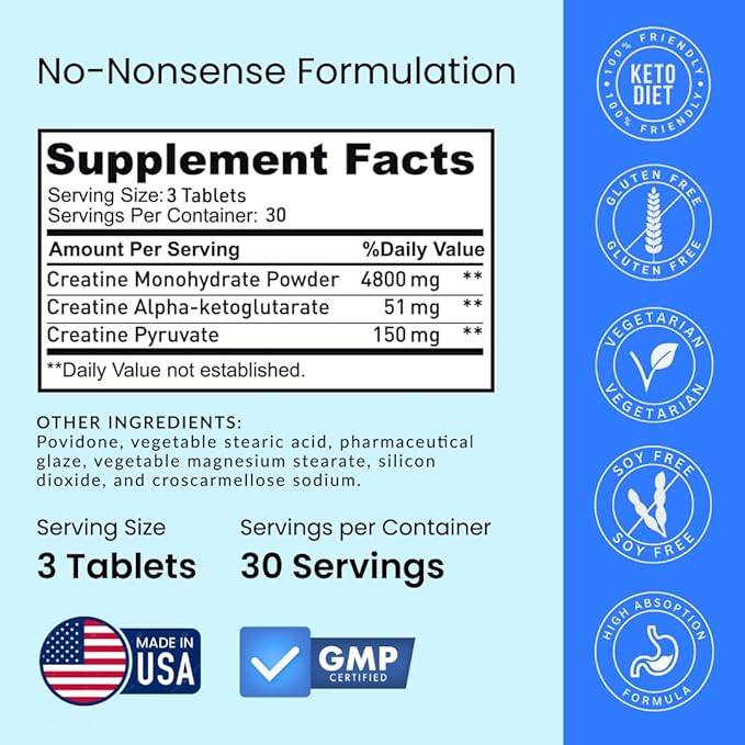 Crazy Muscle Creatine Pills 5g 3X Pure Creatine Monohydrate Pre Workout Muscle Mass Gainer High Absorption ThreeAtine Performance Men Women Tablets - 30 servings