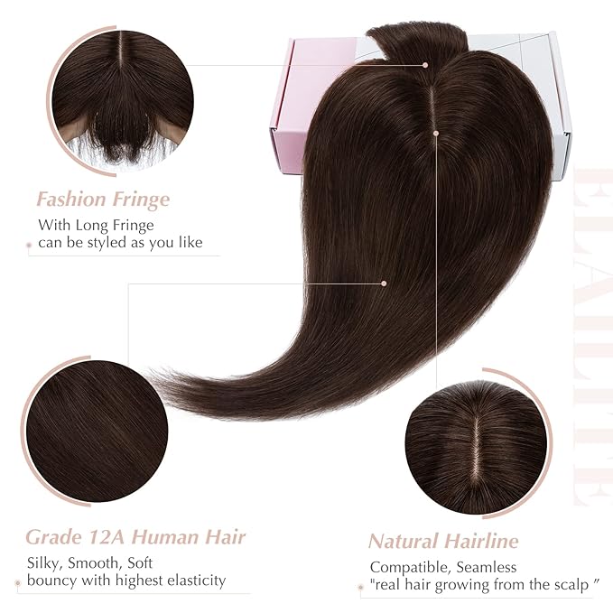Elailite Hair Toppers for Women Real Human Hair Topper with Bangs Thinning Thin 5.1x2.8 Silk Base Clip in Remy Hairpieces 10 Inch Dark Brown