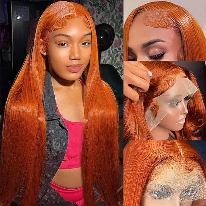 PANDA ANGEL Ginger Orange Lace Front Wigs Human Hair Pre Plucked Gluleless Straight Ginger Wig 350# Colored Orange Lace Frontal Wigs for Women Human Hair 13x4 Hd Transparent Lace Wigs 24 Inch