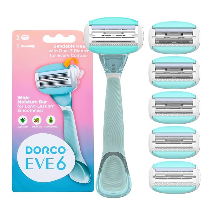 Dorco EVE6 Razor for Women Includes 1 Razor Handle and 6 Long-Lasting Razor Blade Refills| 1 Handle + 6 Cartridges (Handle + 6 Refills)