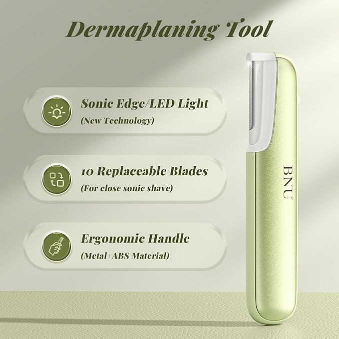 BNU Dermaplane Razor for Women Face Razor for Women with 10 Replaceable Blades - Face Exfoliation Razor - Body Peach Fuzz Removal - Eyebrow Shaper - Sonic Edge Technology Dermaplaning Tool - Green