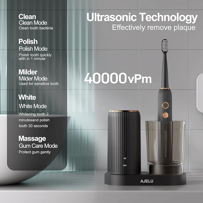 Sonic Electric Toothbrush for Adults with Drying Storage Holder 8 Brush Heads Smart Timer USB Rechargeable Deep Clean Power ? Classic Black Edition