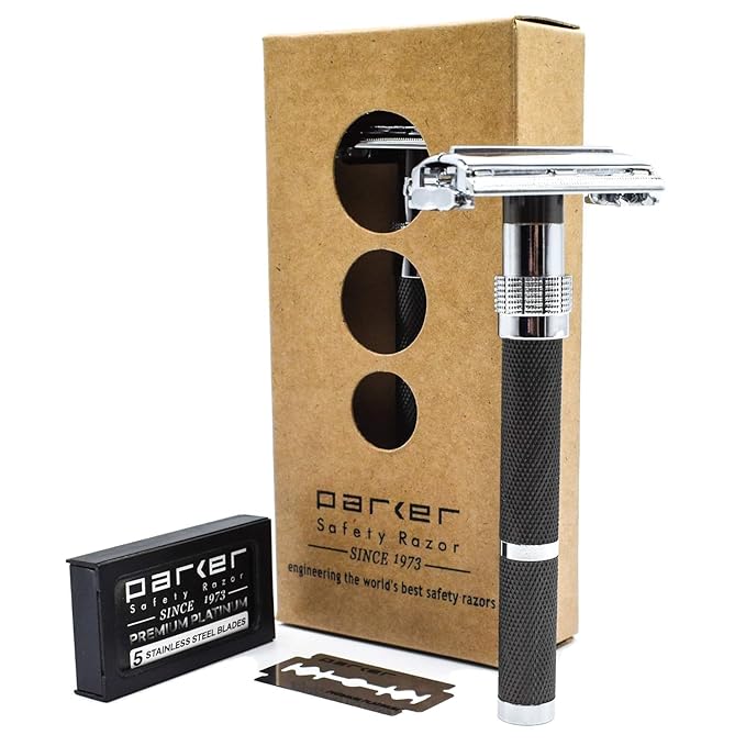 Parker 96R Graphite Gray Long Handle Butterfly Open Double Edge Safety Razor for Men 5 Parker Premium Platinum Double Edge Razor Blades Included