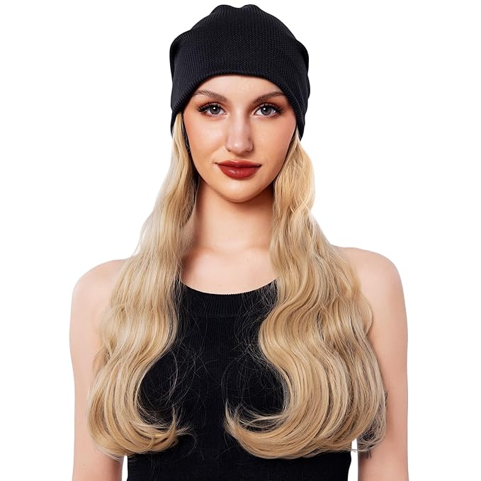 Long Curly Hair Synthetic Hat Wig Knitted Hat with Hair Attached for Women White Blonde Cosplay Beanie Wavy Wig Cap (28in)(Blonde)