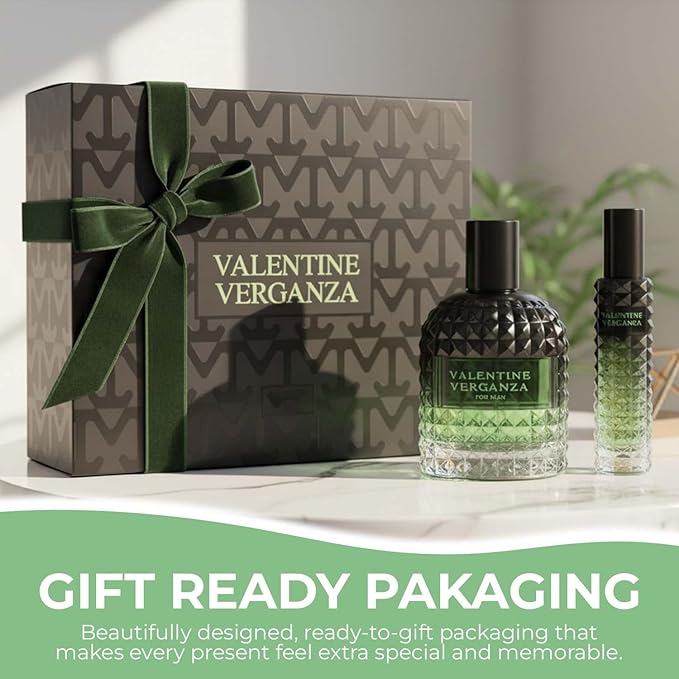 Valentine Verganza Men's Cologne Premium Glass Bottle with Oriental Notes Eau de Parfum and 3.4 Fl Oz / 100ML + 30ML Travel Spray Fragrance Gift Set