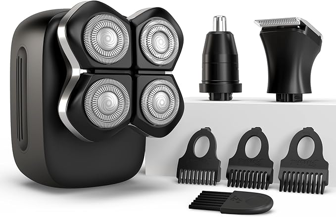 Freebird FlexSeries Pro Electric Head &amp Body Shaver - Mens Cordless Rechargeable Wet/Dry Skull Bald Head Back &amp Groin Waterproof Razor with Rotary Blades Clippers Nose Trimmer Brush Massag