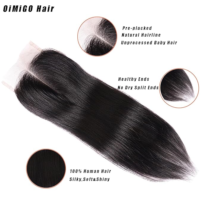 Lace Closure Straight Human Hair with HD Transparent Swiss LaceOiMiGO 5x5 Natural Black HD Lace Frontal Hair Pre Plucked &amp Bleached Knots(20Inch)