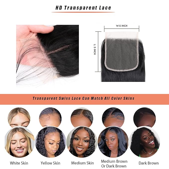 Lace Closure Straight Human Hair with HD Transparent Swiss LaceOiMiGO 5x5 Natural Black HD Lace Frontal Hair Pre Plucked &amp Bleached Knots(20Inch)