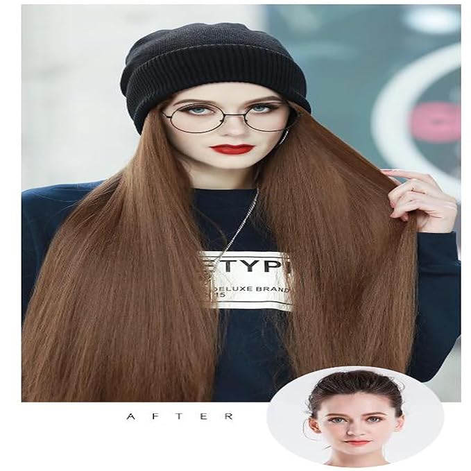 Women Winter Beanie Hat Wig Knit with Long Straight/Wig Wavy Curly Hair Wig Attached 23.6 Inch Synthetic Hairpiece