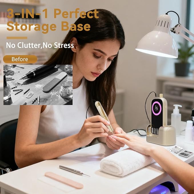 Electric Nail Drill 45000RPM 2025 Pro High Tech Fast Remove Cordless Nails Drill with Rechargeable Stand for Acrylic Nails 12Pcs Drill Bits and Holder LCD Professional Nail Machine for Salon Home