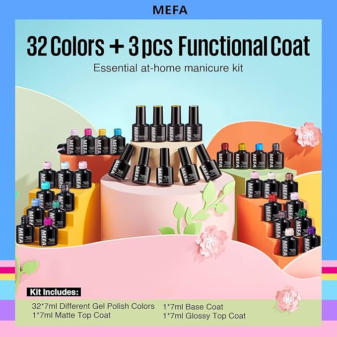 MEFA 35 Pcs Gel Nail Polish Set 32 Colors Spring Collection Gel Nail Polish Pink Green Nail Art Manicure DIY Home Gifts for Women Girls Beginners