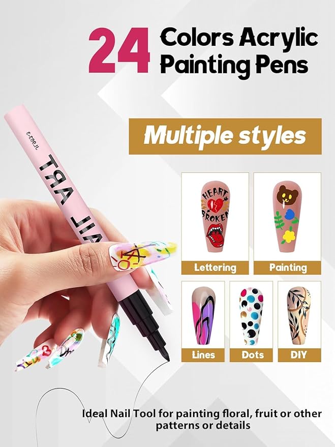 EBANKU 24 Colors Waterborne acrylic ink Nail Art Pens Set 0.7MM Nail Polish Pens Quick-Drying Acrylic Paint Pen Point Dotting Liner Pen Nail Drawing Painting Manicure Tools for 3D Salon Home Nail DIY