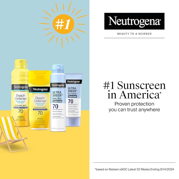 Neutrogena Ultra Sheer Body Mist Sunscreen Spray Broad Spectrum SPF 70 Lightweight Spray Sunscreen Non-Greasy &amp Water Resistant Oil-Free &amp Non-Comedogenic UVA/UVB 5 oz Pack of 3