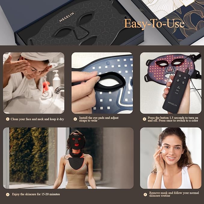MEGELIN Led Red Light Therapy Face &amp Neck Mask 7 Colors Led Light Therapy Facial Mask Infrared Red Light Therapy Mask Infrared Light Skin Rejuvenation(Black)