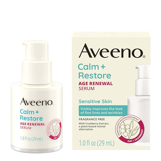 Aveeno Calm + Restore Age Renewal Anti-Wrinkle Face Serum Anti Aging Serum with Nourishing Oat &amp Cranberry Extract Visibly Improves the Look of Fine Lines Fragrance Free 1.0 fl. Oz