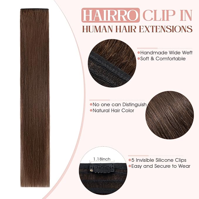 Hairro 22 Inch Clip in Extensions 100% Remy Human Hair 55g One-piece 5 Clips Long Straight Hair Extensions for Women Wide Weft Soft Silky #4 Medium Brown