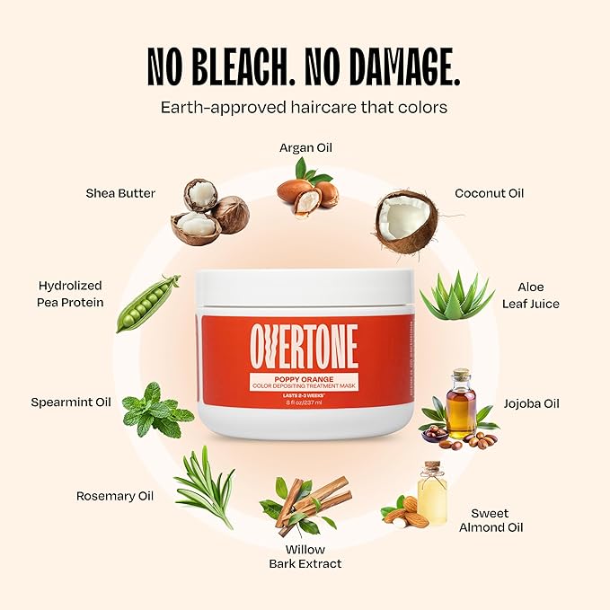 Overtone Semi Permanent Hair Color Conditioner Poppy Orange 8 oz Nourishing Damage-Free Color Depositing Mask for All Hair Types with Shea Butter &amp Coconut Oil Vegan &amp Cruelty-Free