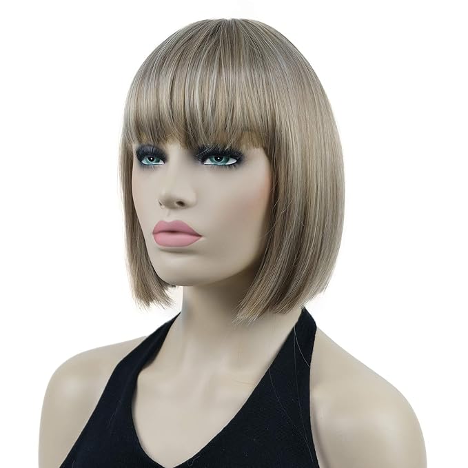Lydell 8 Straight Short Bob Hair Flat Bangs Cute Central Dot Skin Top Heat Resistant Synthetic Wigs (H16/613 Blonde Highlighted)