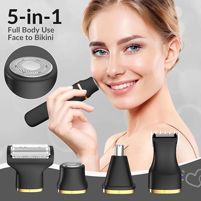KINGTEE 5-in-1 Electric Bikini Trimmer for Women ? IPX7 Waterproof Shaver Cordless Body &amp Facial Razors for Women Ceramic Blades USB-C Rechargeable Painless Hair Removal Kit (Black)
