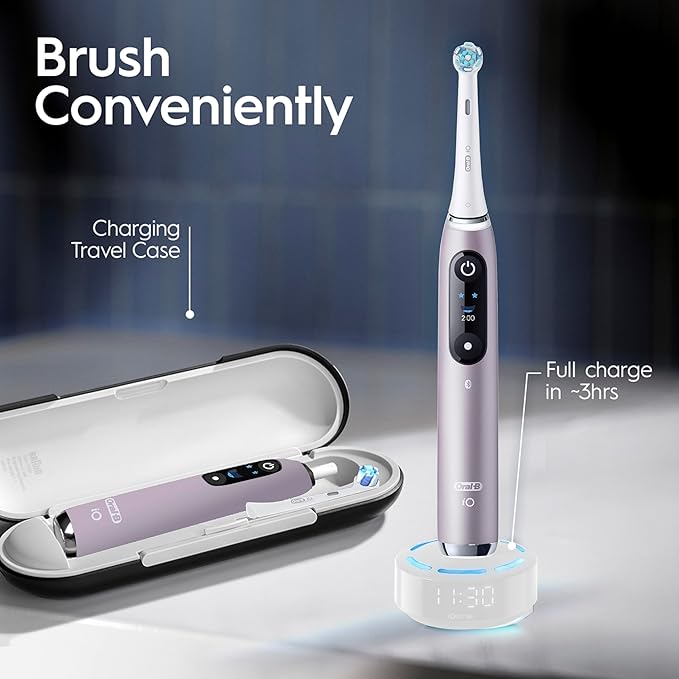 Oral-B iO Series 9 Limited Rechargeable Rose Quartz Electric Toothbrush with (2) Ultimate Clean and (1) Gentle Care Replacement Brush Heads White Travel Case-White and Charger