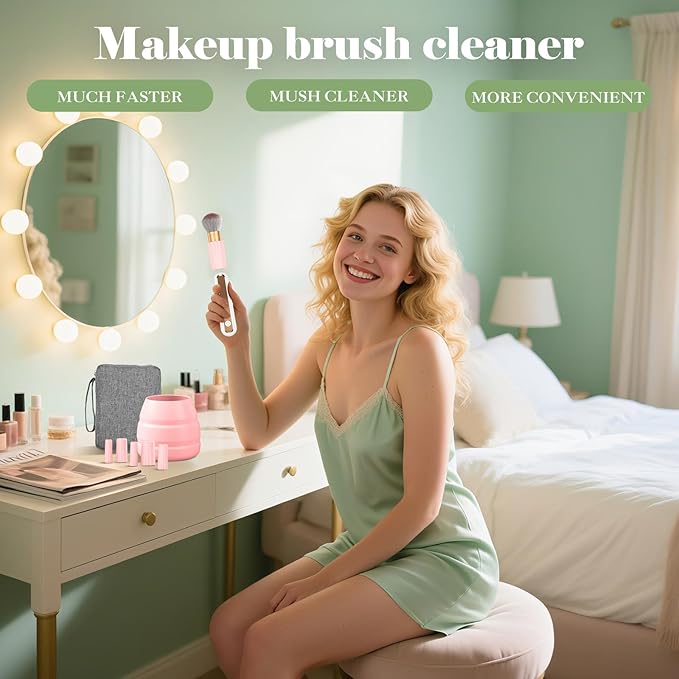 Electric Makeup Brush Cleaner Machine -15000RPM Fast Deep Cleaning and Dry Make Up Brushes Efficient Cleaning With Storage Cas Portable Spinning Washer gift for women- pink