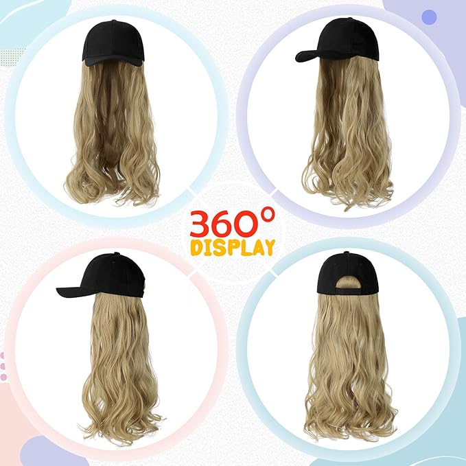 Baseball Hat WigHat with Hair attached 24'' Adjustable Black Cap with Long Wavy Synthetic Hair Extensions for Women Girls(Ash Blonde)