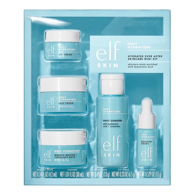 e.l.f. SKIN Holy Hydration! Hydrated Ever After Skincare Mini Kit Cleanser Makeup Remover Moisturizer &amp Eye Cream For Hydrating Skin Airplane-Friendly Sizes