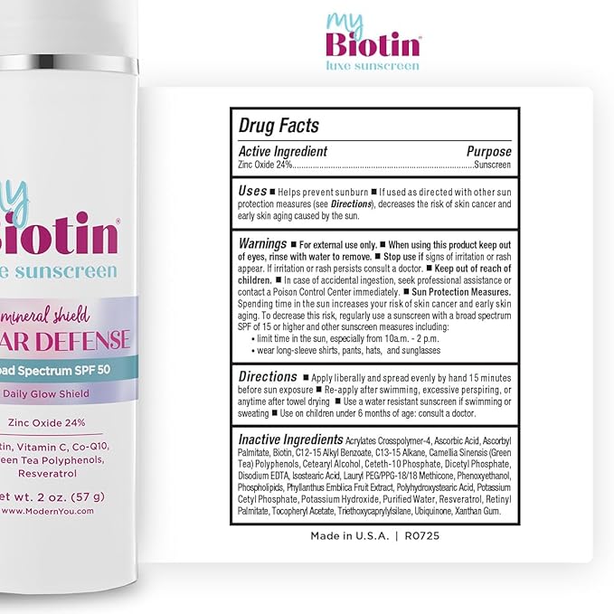 MyBiotin Luxe Sunscreen ? Daily Glow Shield Mineral SPF 50 Face Sunscreen - 24% Zinc Oxide Biotin Vitamin C CoQ10 Polyphenols &amp Resveratrol ? Anti-Aging Broad Spectrum Sun Protection 2 oz.