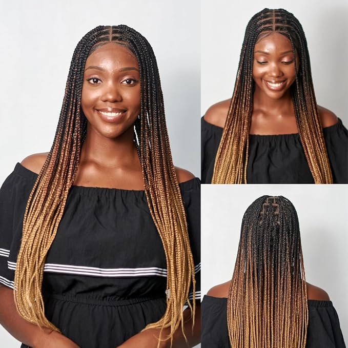 Wow Braids Box Braid Wig - Knotless Braided Wigs for Black women with 360 glueless Full Swiss Lace Cap &amp Human Baby Hair Frontal Synthetic Long Neat African Handmade Braiding - 36 / Ombre C14