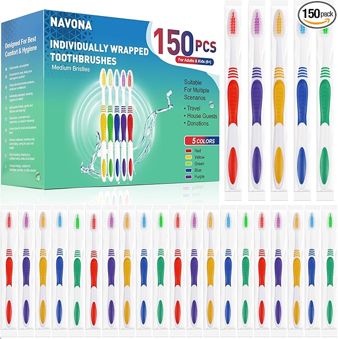 Navona 150 PCS Premium Individually Wrapped Bulk Toothbrush Pack Disposable Toothbrushes Kids Toothbrush Medium Soft Bristle Toothbrushes Ergonomics Handle Perfect for Travel Hotel Donation
