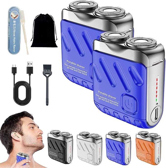 Mini Shaver Small Steel Cannon Suspended Magnetic Blade Shaver Mini Electric Explosive Shavers for Men Waterproof USB Fast Charging Compact Travel Size (2PCS-Blue)