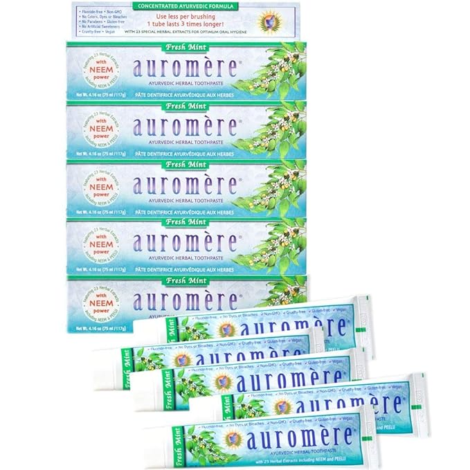 Auromere Ayurvedic Herbal Toothpaste Fresh Mint - Vegan Natural Non GMO Flouride Free Gluten Free with Neem &amp Peelu (4.16 oz) 5 Pack