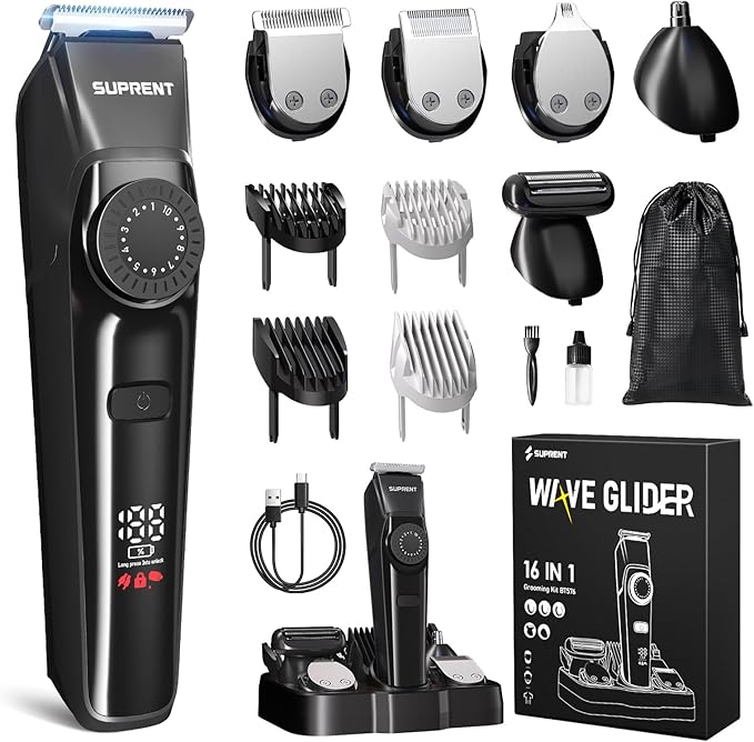 SUPRENT Beard Trimmers for Men - All-in-One Mens Grooming Kits with 40 Precision DialsWaterproof Adjustable Trimmers for Hair Beard Face Nose &amp Body USB-C Rechargeable 3.5H Running Time (Bla