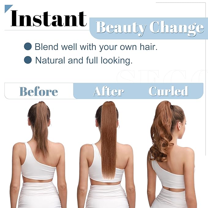 SEGO Claw Clip Ponytail Extension Human Hair Clip in Ponytail Hair Extensions Real Human Hair Pony Tails Hair Extensions Long Straight For Women -16 Inch Golden Brown&ampBleach Blonde 105 Gram
