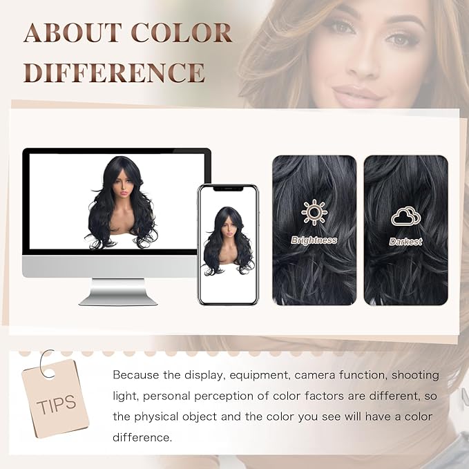 Black Wavy Wigs for Women Long Layered Wig with Curtain Bangs Long Black Layered Synthetic Wavy Body Wave Haircut Middle Part Natural Looking Hair for Women Daily Party Use 1B 24Inch