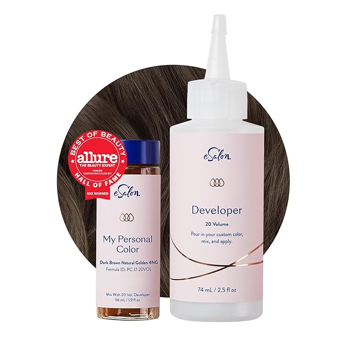 eSalon Permanent Hair Color &amp Hair Dye Kit - Dark Brown Natural Golden - Personal Colorist for Up To 100% Gray Coverage All Hair Types - Professional-Grade Ammonia-Free Dye