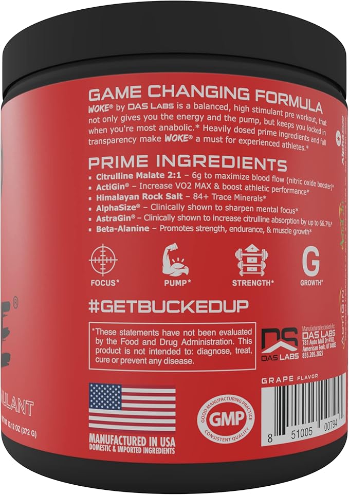 Bucked Up - Woke - HIGH STIM Pre Workout - Best Tasting - Focus Nootropic Pump Strength and Growth 30 Servings (Grape)