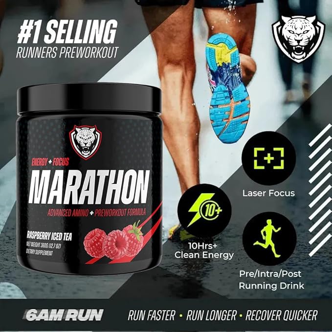 6AM Run Marathon | Running Supplements for Endurance &amp Stamina | Amino Energy with BCAAs for a Clean Pre Running Fuel | No Jitters | Marathon Essentials | Raspberry Iced Tea | 40 Servings
