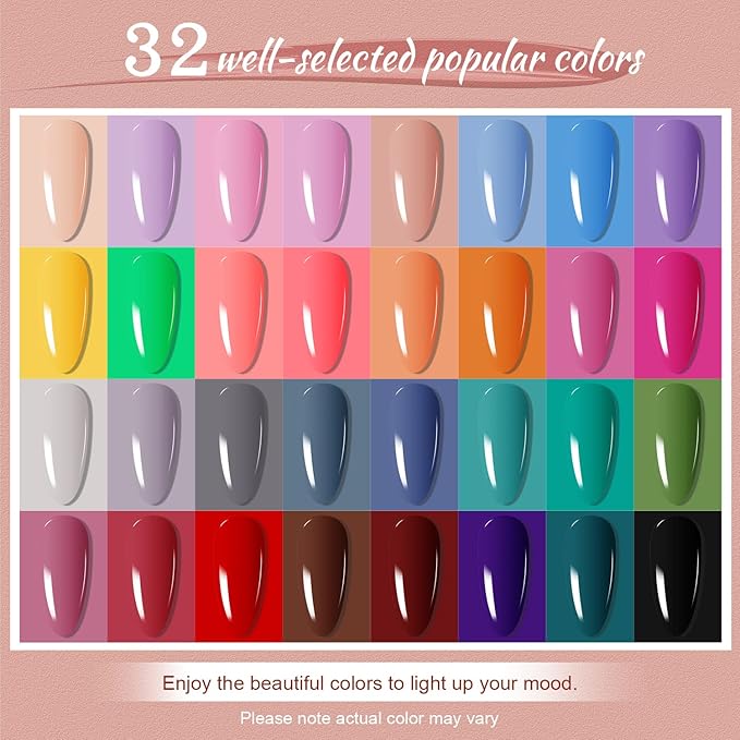JODSONE Gel Nail Polish Kit with U V Light 32 Color Soak Off Base&ampTop Glitter Coat Gel Polish for DIY Manicure Lovers
