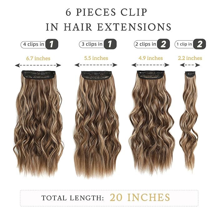 Clip in Long Wavy Synthetic Hair Extensions 20 Inch Light Brown with Blonde Highlights 6PCS Thick Hairpieces Fiber Double Weft Hair for Women