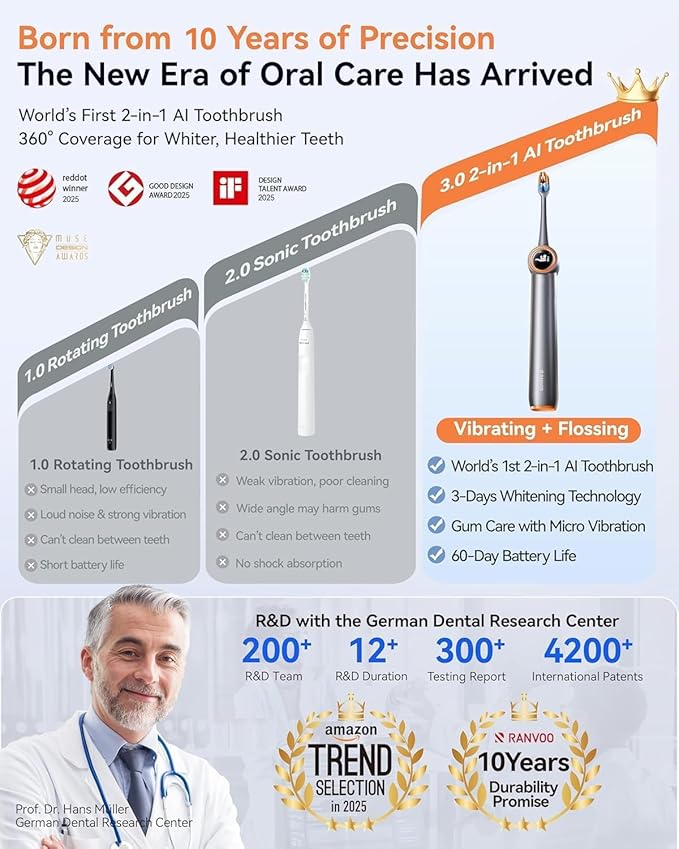 RANVOO AirJet PH3 [Vibrating &amp Flossing 2-in-1] Bubble Sonic Electric Toothbrush Plaque Removal White for Adult Protect Gum Orthodontic Teeth Clean Rechargeable Gift with 2 Soft Brush Heads Whit