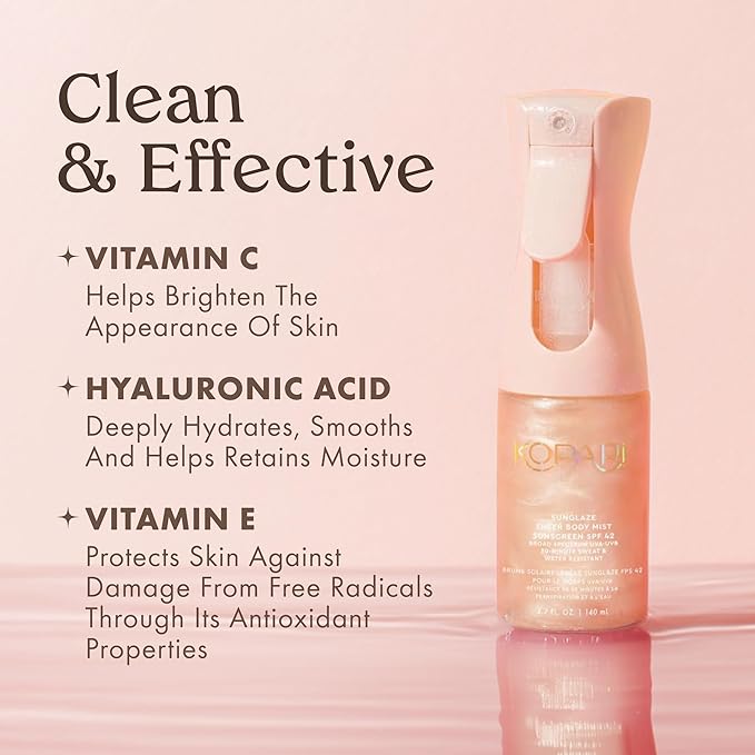 Kopari Rose Gold Sunglaze Sheer Body Mist Sunscreen SPF 42 Infused with Shimmering Body Oil Hydrating Mist Hydrates Brightens Makeup Friendly Gives Skin a Glowy Finish Lightweight