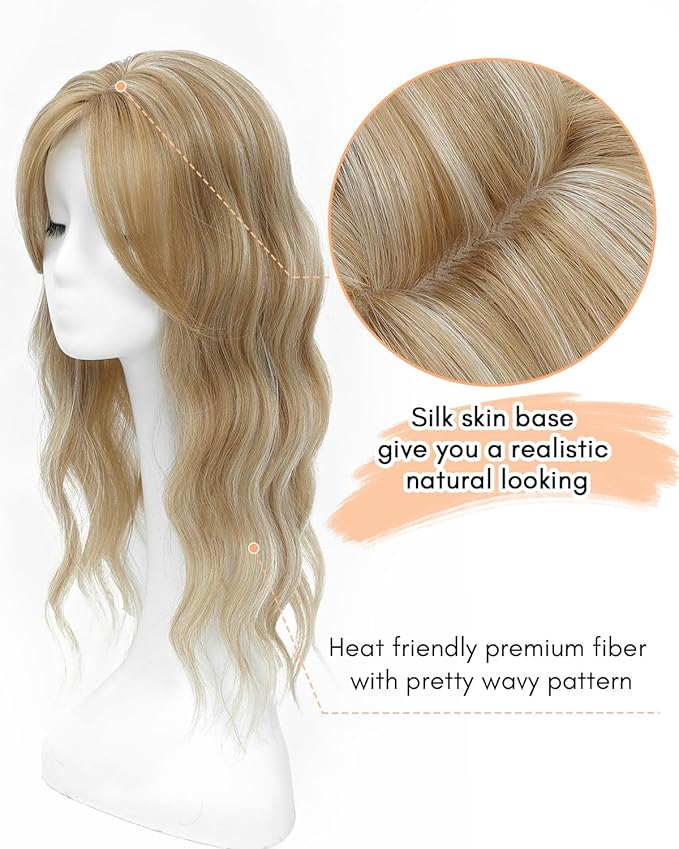 UDU 20 Wavy Ombre Highlight Synthetic Hair Topper for Women with Thinning Hair with Fringe Bang Adds Volume Change Hairstyle