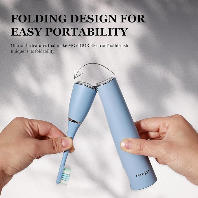 Foldable Electric Toothbrush for Adults ? Dual UV Sanitization 272 Sonic Modes USB-C Rechargeable 4 Brush Heads Leather Travel Case Portable Blue Toothbrush
