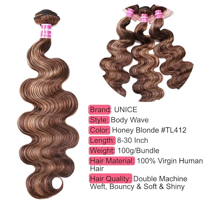 UNICE Body Wave Honey Blonde Highlight Human Hair 3 Bundles with 4x4 lace closure Free Part Ombre 12A Remy Human Hair Weave Extensions 18 20 22+16 Inch Closure
